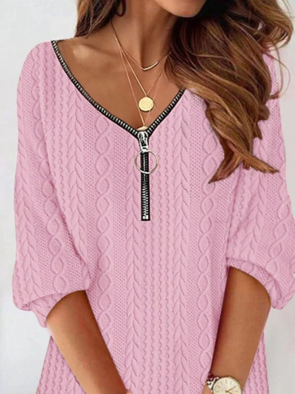 Zip Detail Textured Knit Mini Sweater - Diverse Creations & CompanySweater DressPink