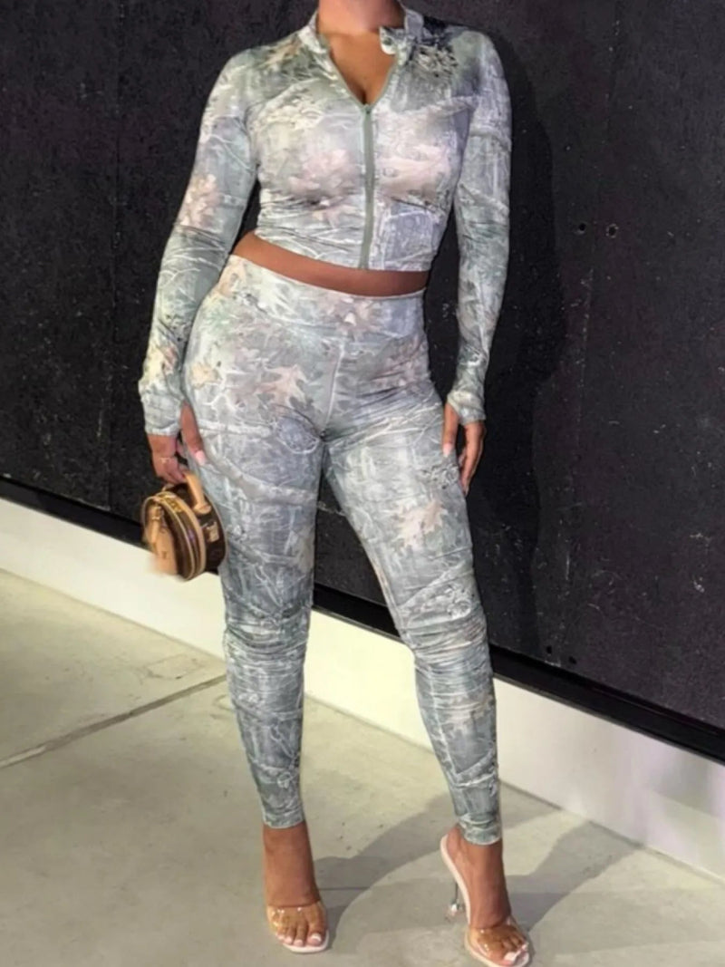 Zip Up Crop Top and Leggings Set - Diverse Creations & CompanyZip Up Crop Top and Leggings SetGreen