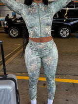 Zip Up Crop Top and Leggings Set - Diverse Creations & CompanyZip Up Crop Top and Leggings SetGreen