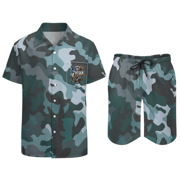 A Blue Graphite  camouflage veterans Two Piece set with a short sleeve shirt and shorts.