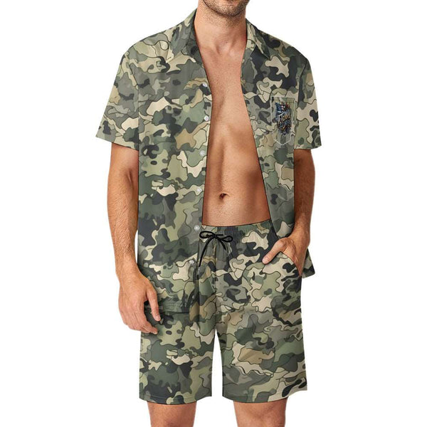 A man wearing a Green Camouflage Shirt Shorts Set.