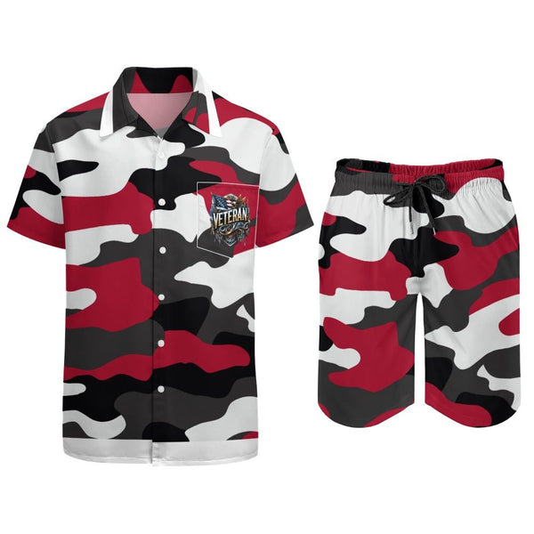 This Red, Black and Gray Camouflage Shirt Shorts Set includes comfortable shorts.