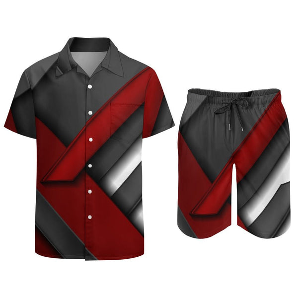 Red Black White geometric pattern shorts set 