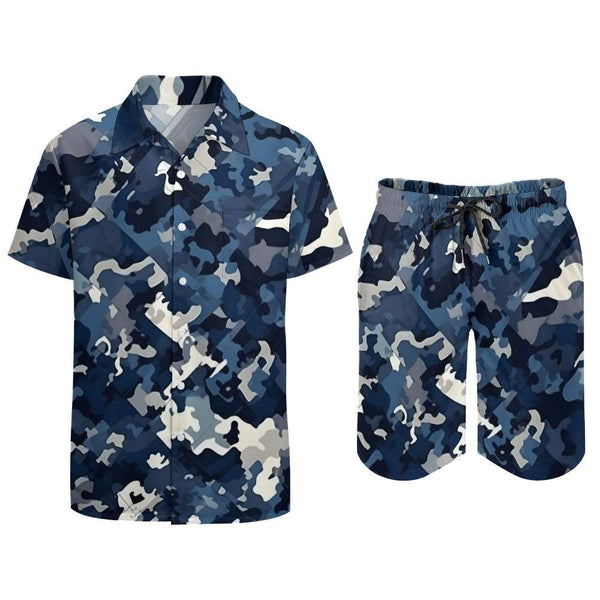 Dark Blue camoalt= Men's camouflage short sleeve shirt and shorts set.