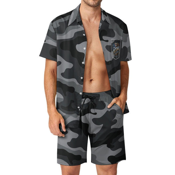 A man in a Men's Two Piece Camouflage Set makes a fashion statement.