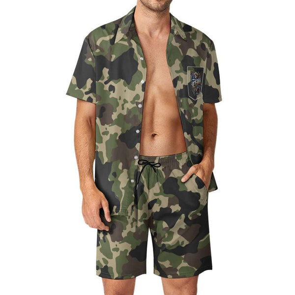 A man in a camouflage shirt and Men's Two Piece Veteran Shorts Set.