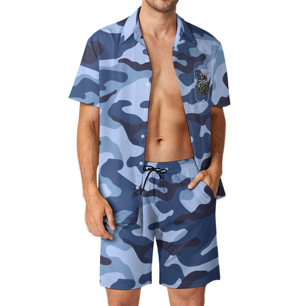 mens blue summer shorts shirt camouflage set 