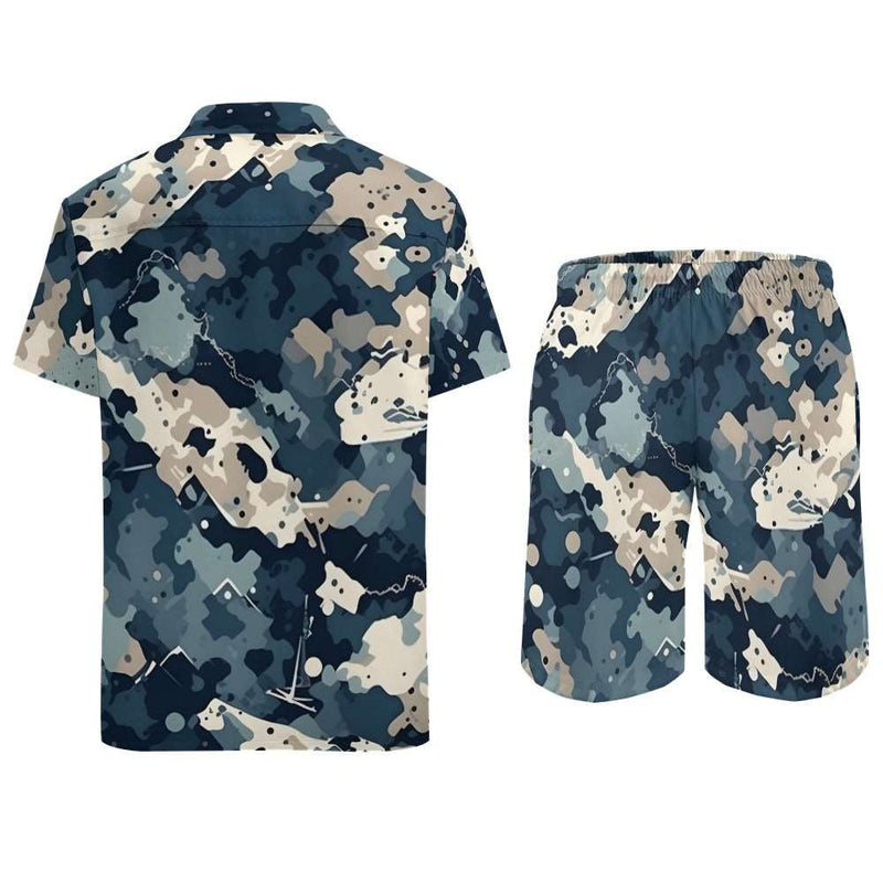 Men's Camouflage Tan and Navy Blue Shirt Shorts Set in breathable fabric.