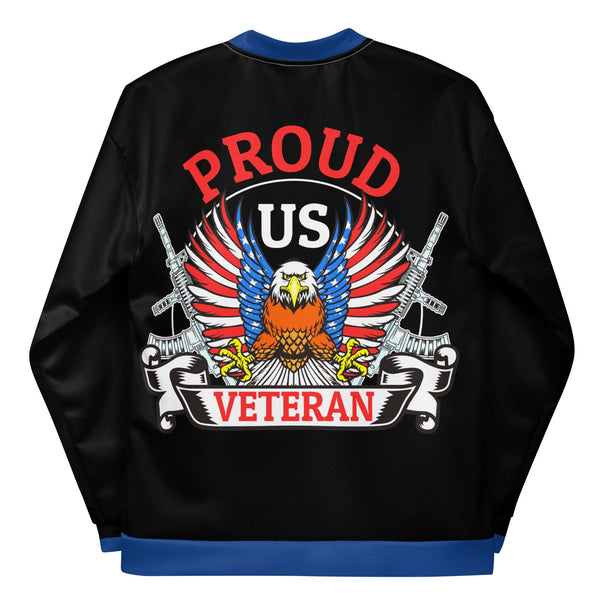 Proud US Veteran Black And Blue Trim Unisex Bomber Jacket