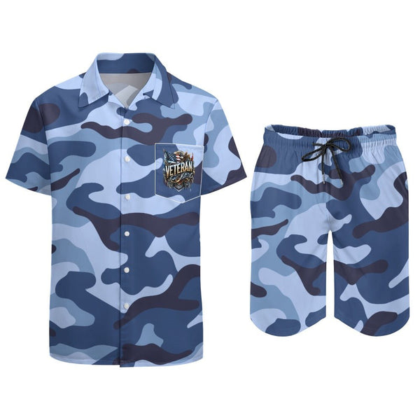 Sentence with product name: This Men's Camouflage Shirt Short Set comes with shorts, perfect for summer nights.
