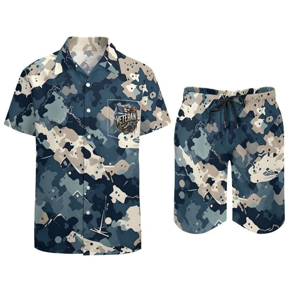 A men's Camouflage Tan and Navy Blue Shirt Shorts Set made with breathable fabric.