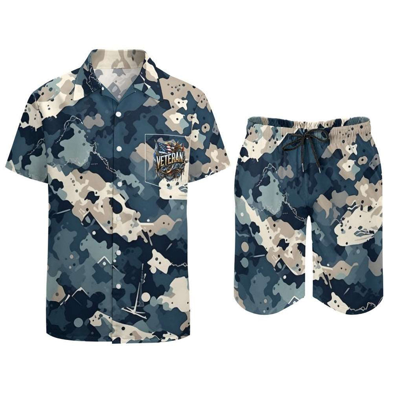 A men's Camouflage Tan and Navy Blue Shirt Shorts Set made with breathable fabric.