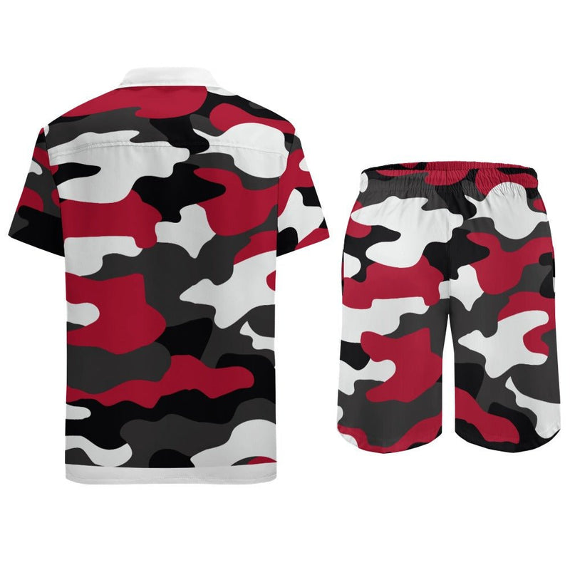 A comfortable Red, Black and Gray Camouflage Shirt Shorts Set.