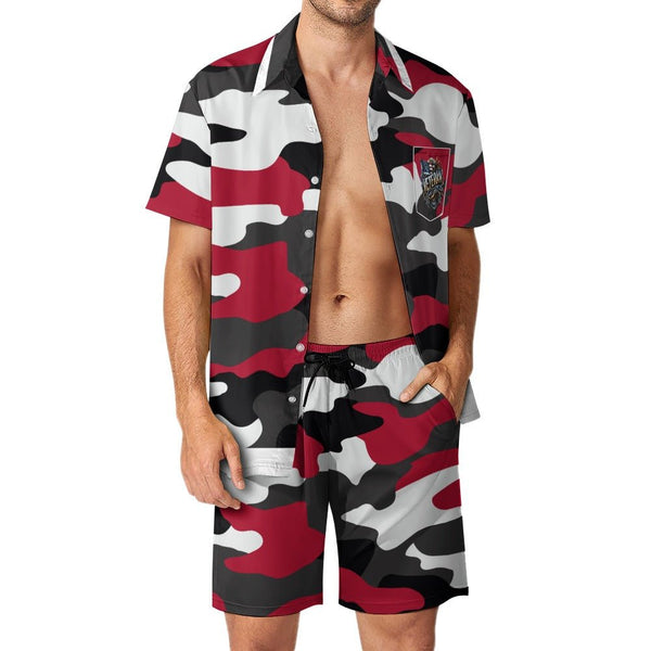 Red, Black and Gray Camouflage Shirt Shorts Set mens summer outfit 