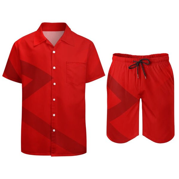 A red abstract pattern  men's set with shorts and a shirt.